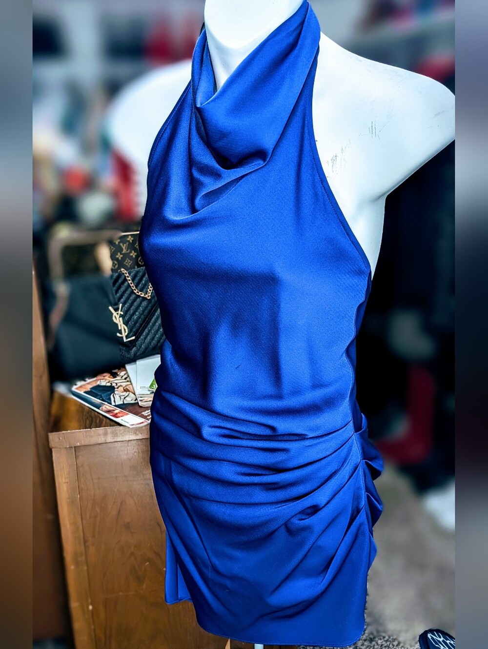 Gianni Bini Cowl One-Shoulder Satin Dress in Royal Blue